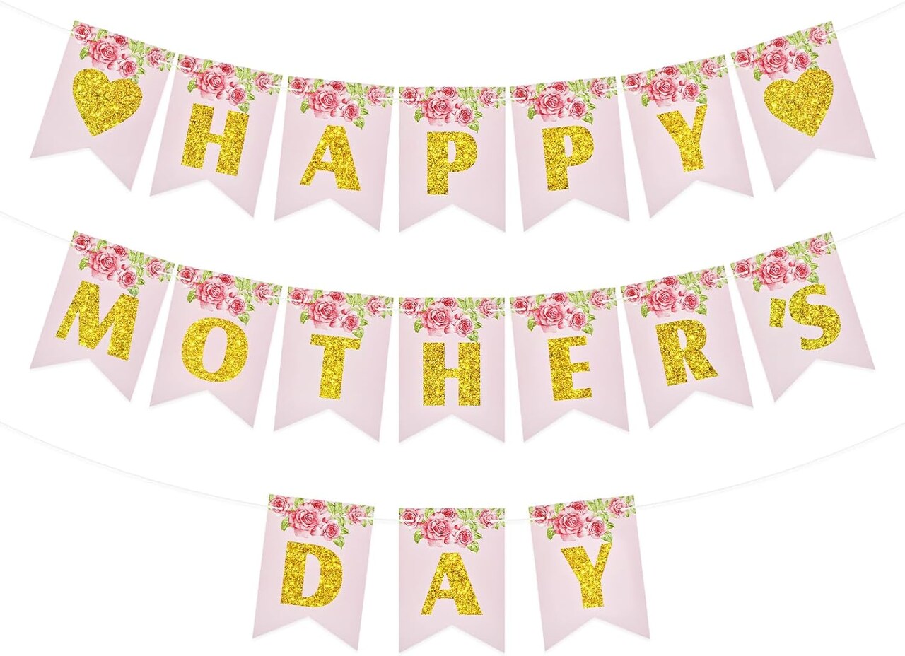 Happy Mother's Day Banner – Floral Garland Bunting, Photo Backdrop & Party Decoration